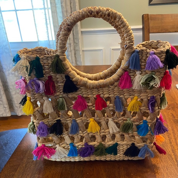 BaubleBar Handbags - NWOT BaubleBar Katy Straw Mini Tote Rainbow Multi Tassel